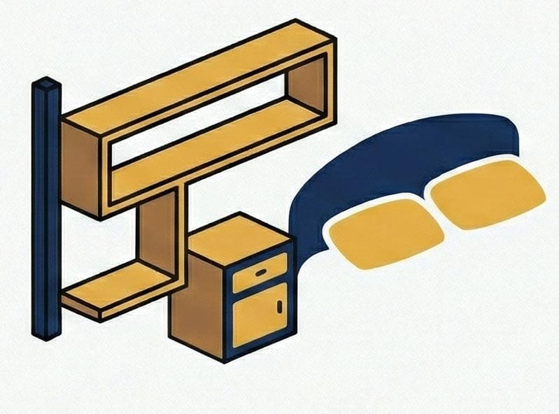 আধুনিক বেডরুমের জন্য কাঠের তৈরি মাল্টি-লেয়ার ওয়াল শেলফ এবং সাইড টেবিল আইকন।